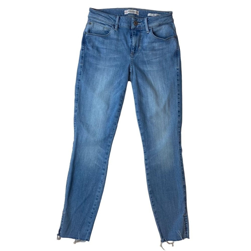Guess sexy curve jeans mid rise skinny lightwash blue raw bottoms stretchy 26